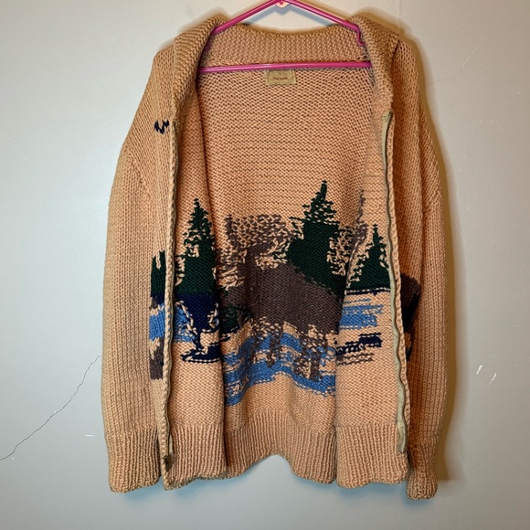 Vintage 60’s Cowichan Moose Nature Hand Knit Zip Up Sweater Talon Zipper Size XL - Picture 6 of 7